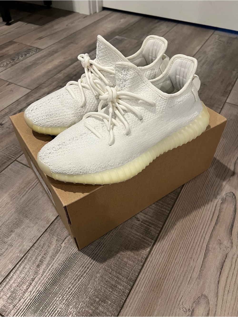 adidas White Knit Sneakers with Cream Yolk Sole